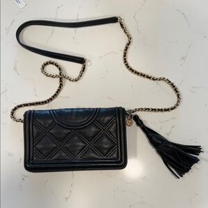 Tory Burch Black Quilted Crossbody Bag with Chain and Tassel